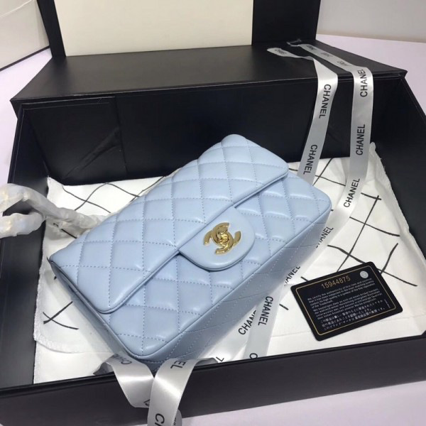 Ch**el Flap Bag Lambskin Light Blue with Gold Hardware 20CM