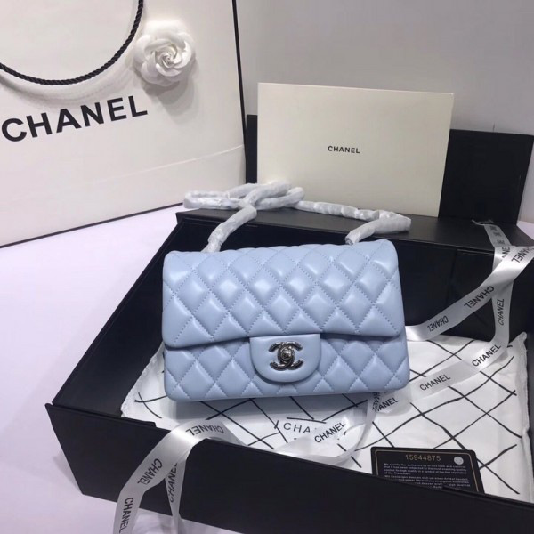 Ch**el Flap Bag Lambskin Light Blue with Silver Hardware 20CM