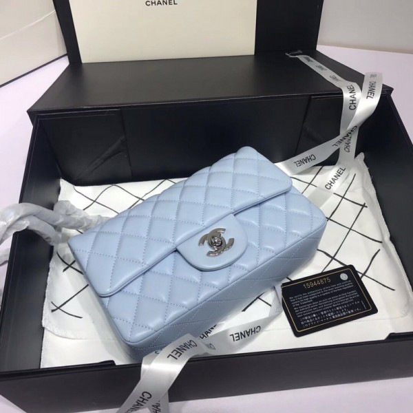 Ch**el Flap Bag Lambskin Light Blue with Silver Hardware 20CM