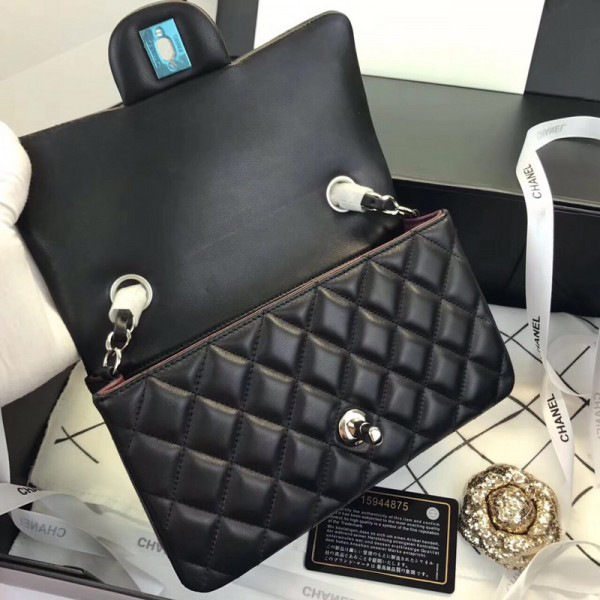 Ch**el Flap Bag Lambskin Black with Sliver Hardware 20CM