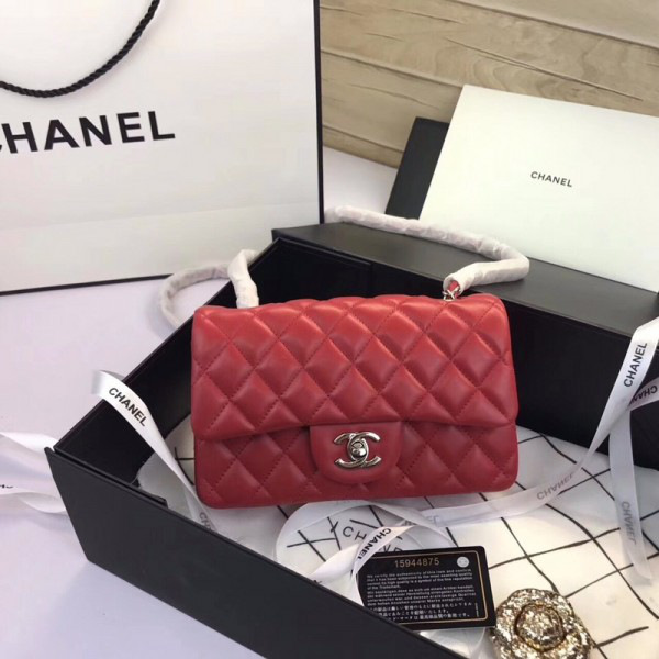 Ch**el Flap Bag Lambskin Red with Silver Hardware 20CM