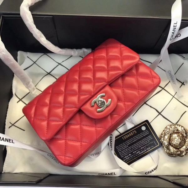 Ch**el Flap Bag Lambskin Red with Silver Hardware 20CM