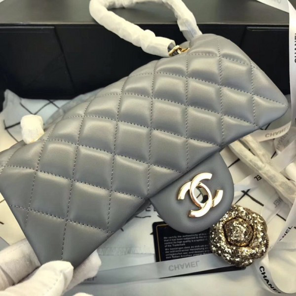 Ch**el Flap Bag Lambskin Gray with Gold Hardware 20CM