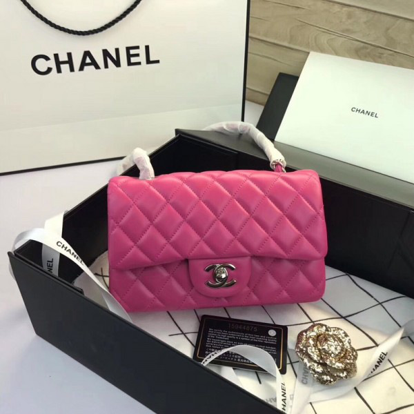 Ch**el Flap Bag Lambskin Rose Red with Silver Hardware 20CM