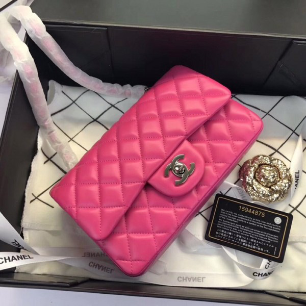 Ch**el Flap Bag Lambskin Rose Red with Silver Hardware 20CM