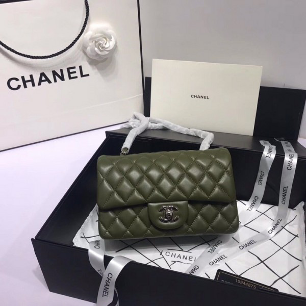 Ch**el Flap Bag Lambskin Dark Green with Silver Hardware 20CM
