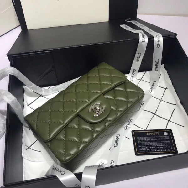 Ch**el Flap Bag Lambskin Dark Green with Silver Hardware 20CM