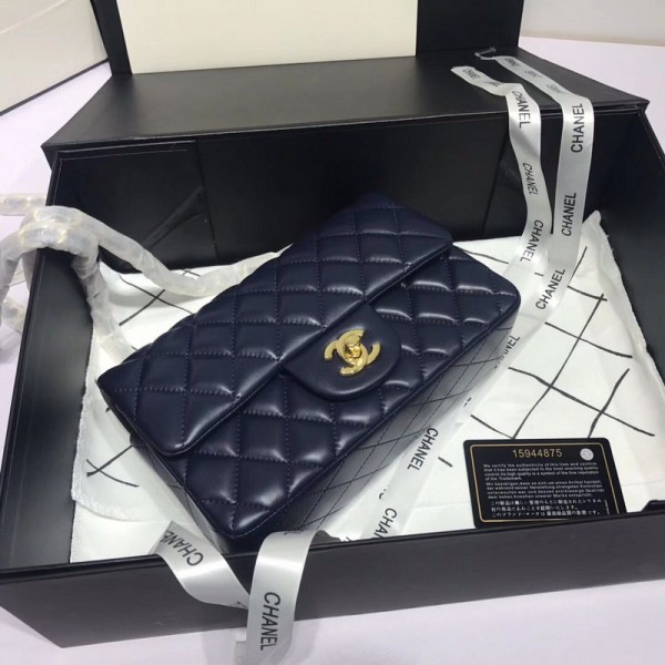 Ch**el Flap Bag Lambskin Navy Blue with Gold Hardware 20CM