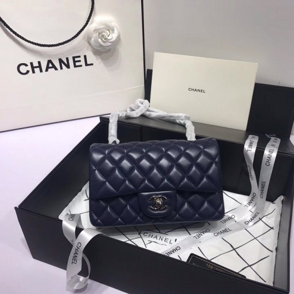 Ch**el Flap Bag Lambskin Navy Blue with Silver Hardware 20CM