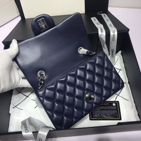 Ch**el Flap Bag Lambskin Navy Blue with Silver Hardware 20CM
