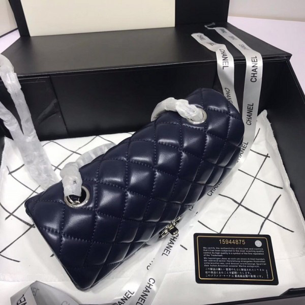 Ch**el Flap Bag Lambskin Navy Blue with Silver Hardware 20CM