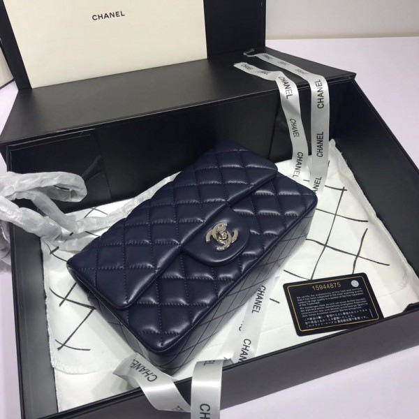 Ch**el Flap Bag Lambskin Navy Blue with Silver Hardware 20CM