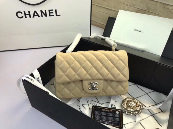 Ch**el Flap Bag Lambskin Apricot with Silver Hardware 20CM