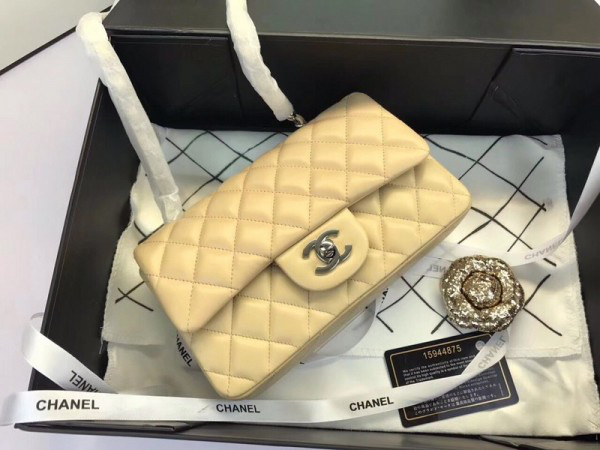 Ch**el Flap Bag Lambskin Apricot with Silver Hardware 20CM