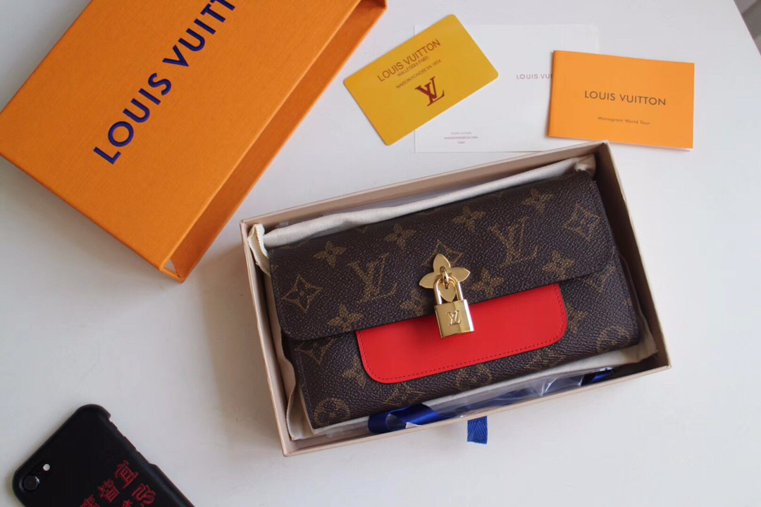 L0vis Vvtt0n Monogram Unisex Long Wallets with Red M62577