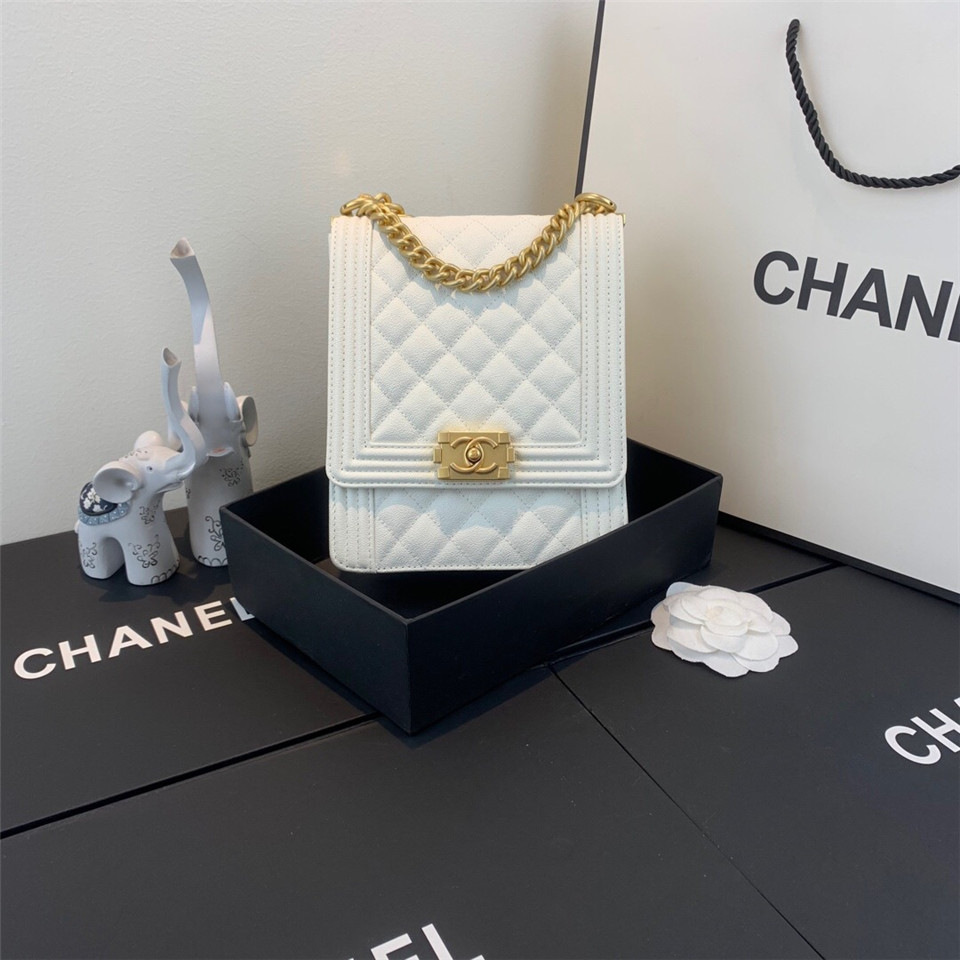 Ch**el Boy Hangbag Calfskin White with Gold Hardware AS0130