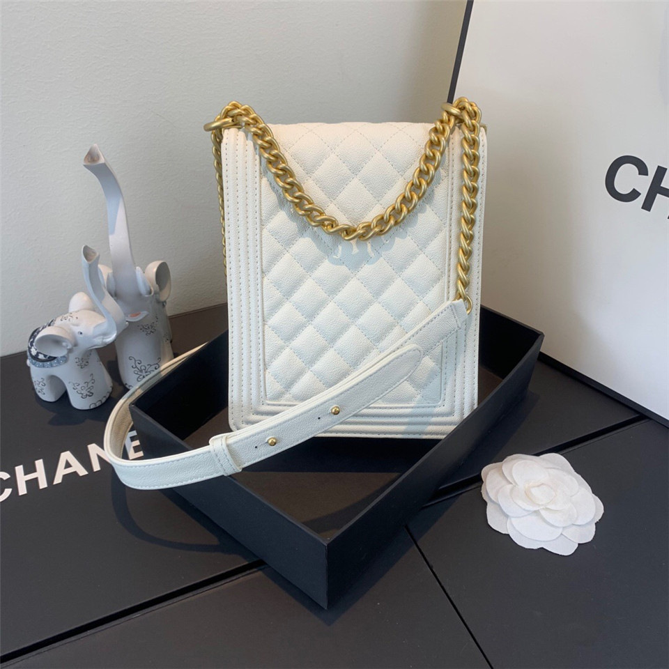 Ch**el Boy Hangbag Calfskin White with Gold Hardware AS0130