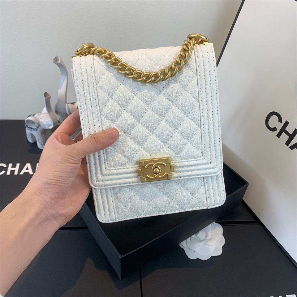 Ch**el Boy Hangbag Calfskin White with Gold Hardware AS0130