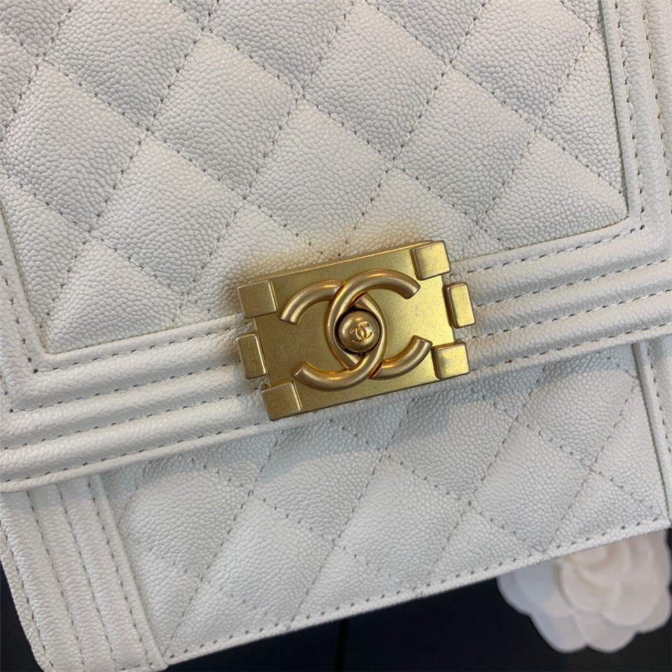 Ch**el Boy Hangbag Calfskin White with Gold Hardware AS0130