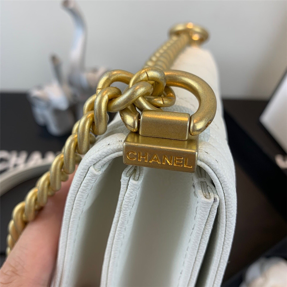 Ch**el Boy Hangbag Calfskin White with Gold Hardware AS0130