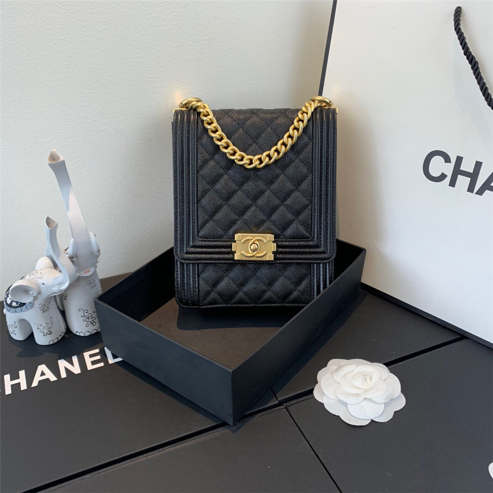 Ch**el Boy Hangbag Calfskin Black with Gold Hardware AS0130