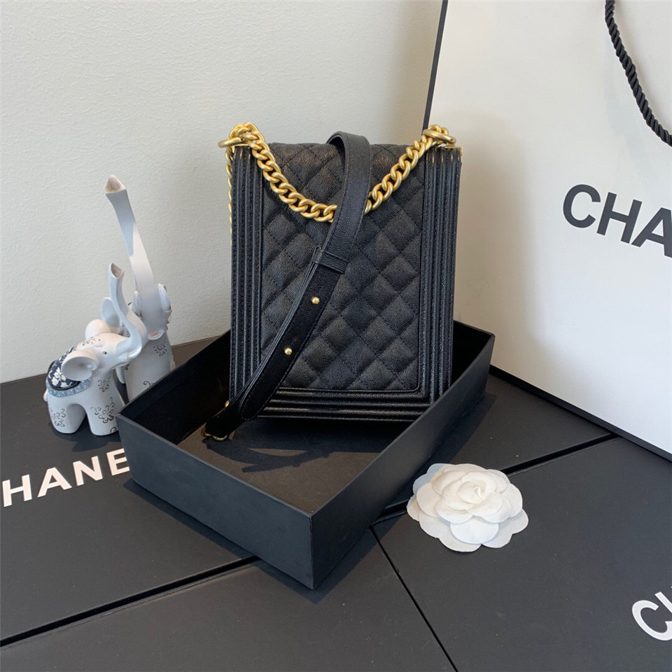 Ch**el Boy Hangbag Calfskin Black with Gold Hardware AS0130