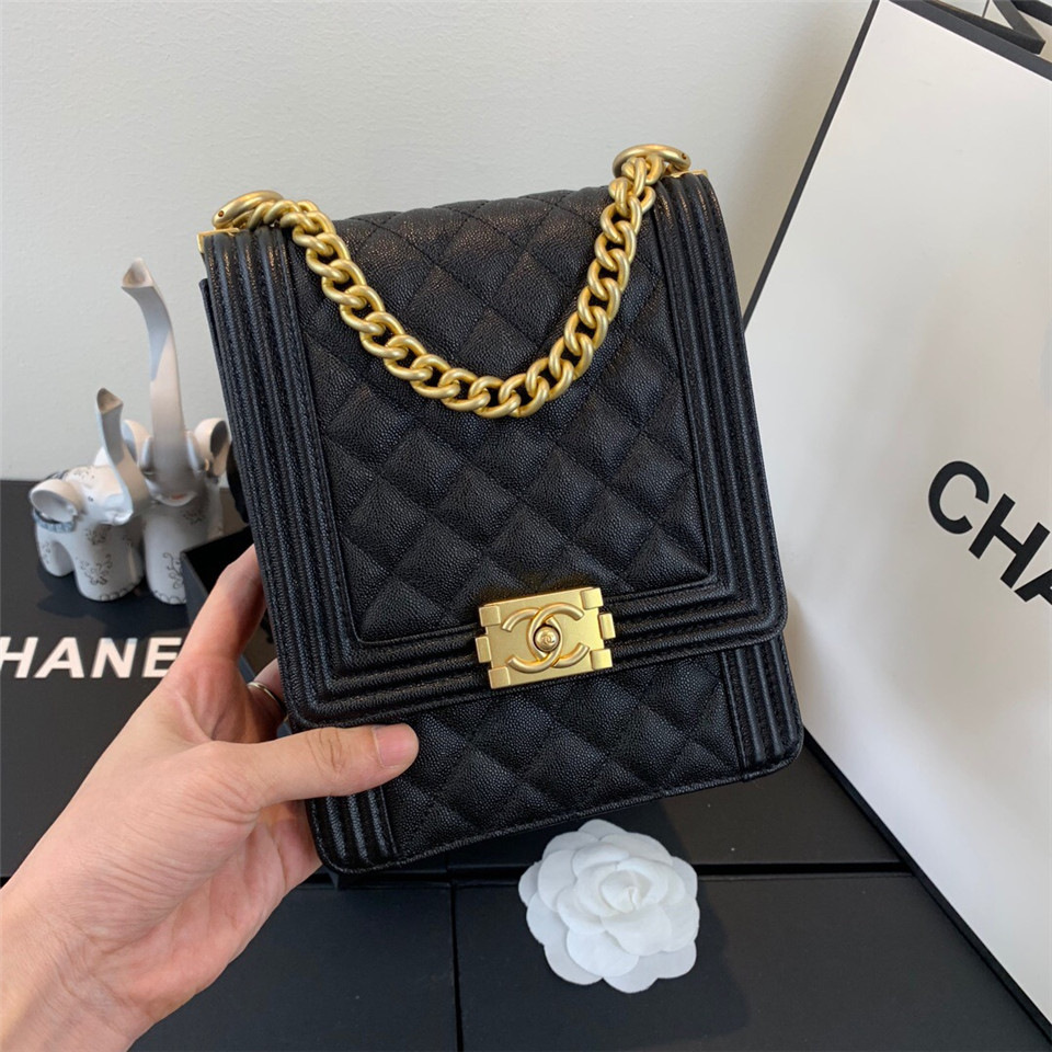 Ch**el Boy Hangbag Calfskin Black with Gold Hardware AS0130