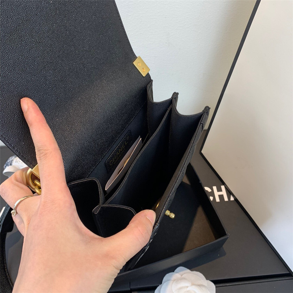 Ch**el Boy Hangbag Calfskin Black with Gold Hardware AS0130
