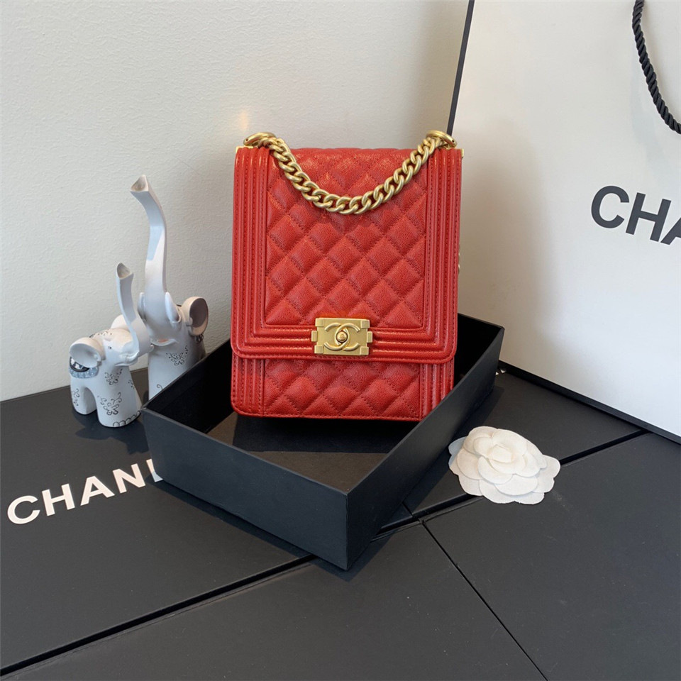 Ch**el Boy Hangbag Calfskin Red with Gold Hardware AS0130