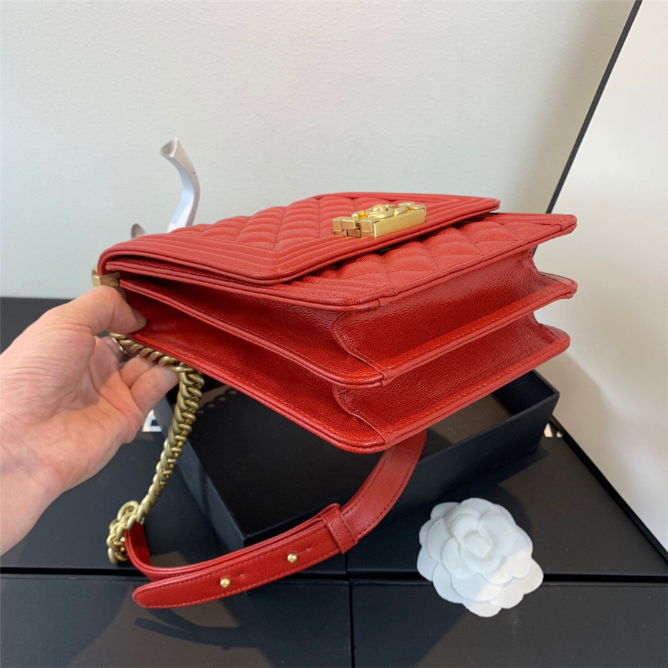 Ch**el Boy Hangbag Calfskin Red with Gold Hardware AS0130