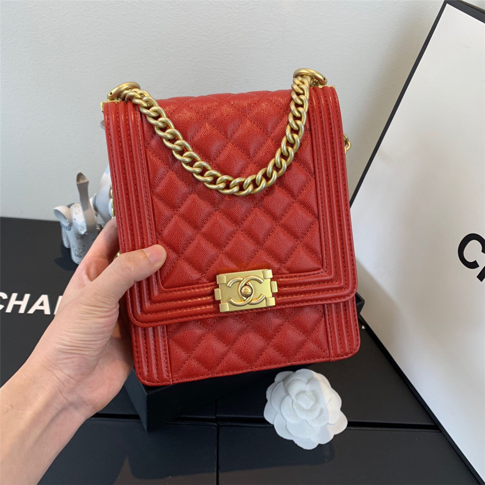 Ch**el Boy Hangbag Calfskin Red with Gold Hardware AS0130