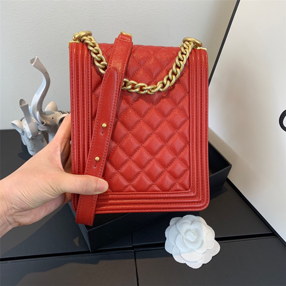 Ch**el Boy Hangbag Calfskin Red with Gold Hardware AS0130