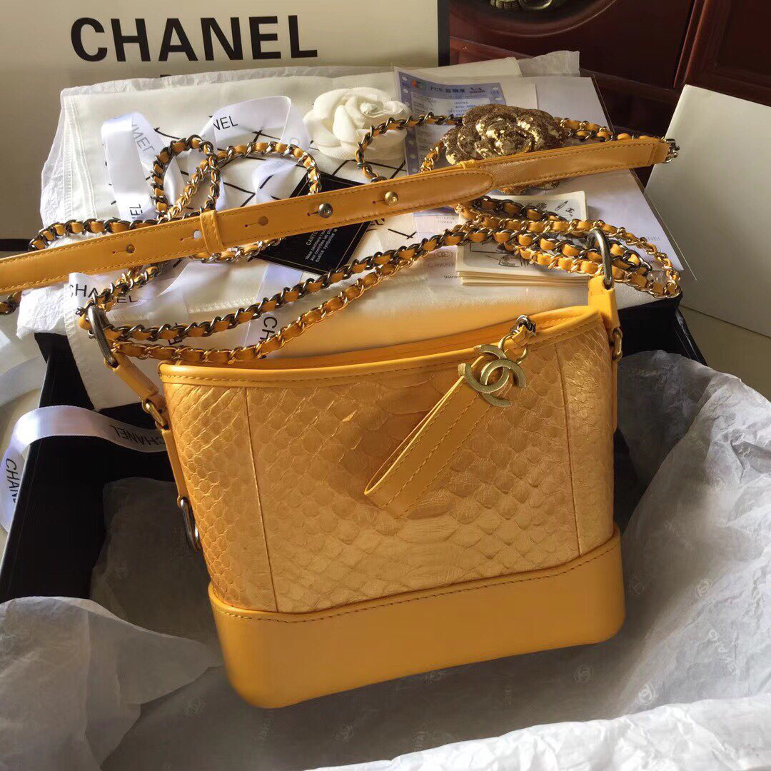 Ch**el Gabrielle Snakeskin small hobo bag Yellow 20cm
