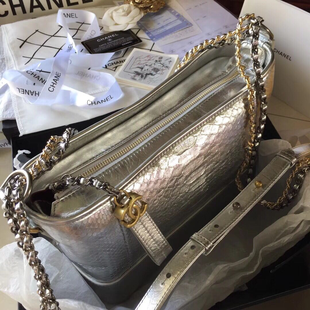 Ch**el Gabrielle Snakeskin small hobo bag Silvery 20cm