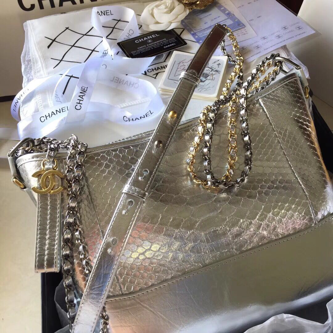 Ch**el Gabrielle Snakeskin small hobo bag Silvery 20cm