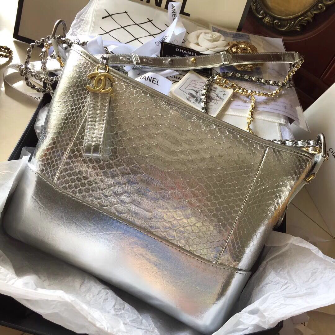 Ch**el Gabrielle Snakeskin small hobo bag Silvery 20cm