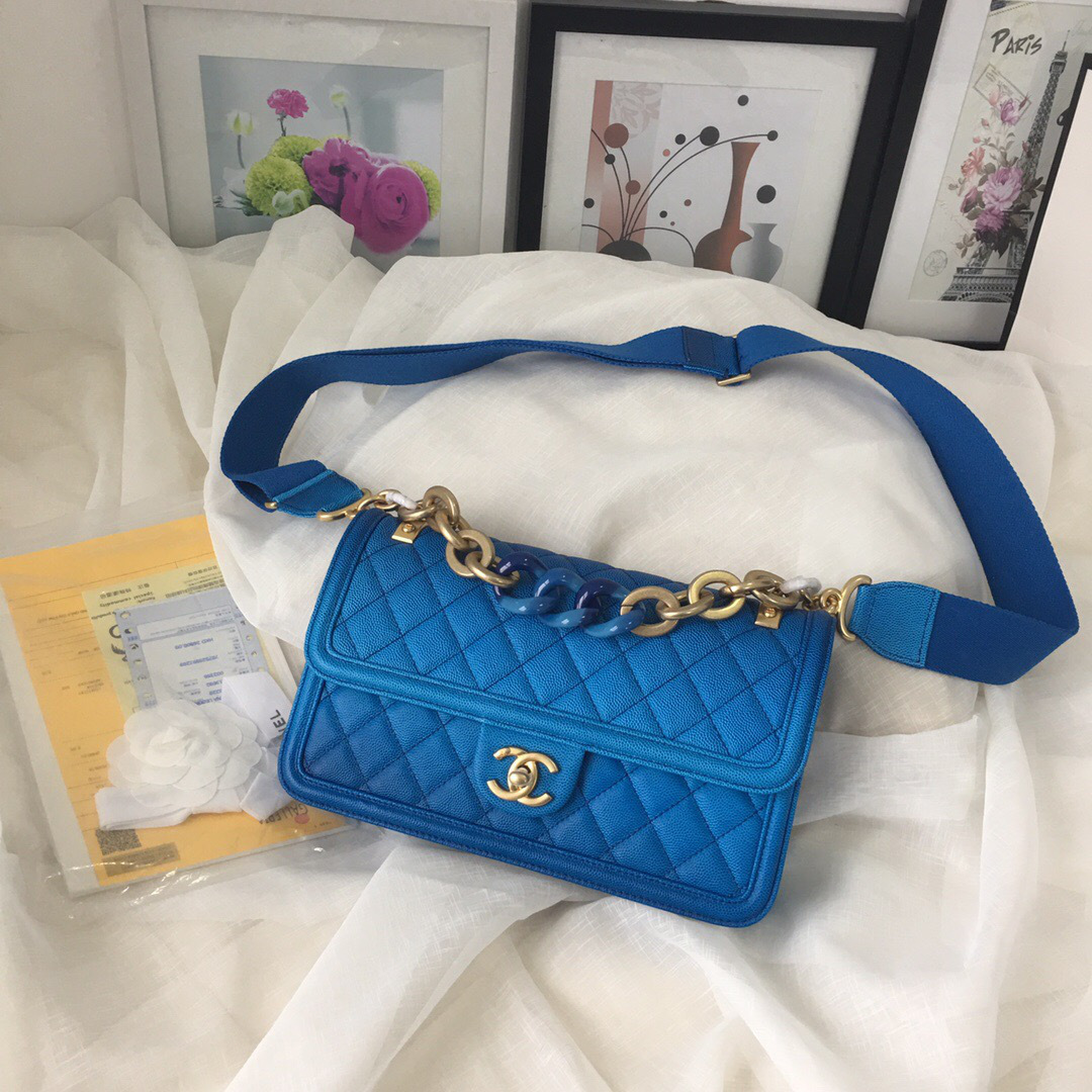 Ch**el Original Large Cowskin Flap Bag with Blue 26cm