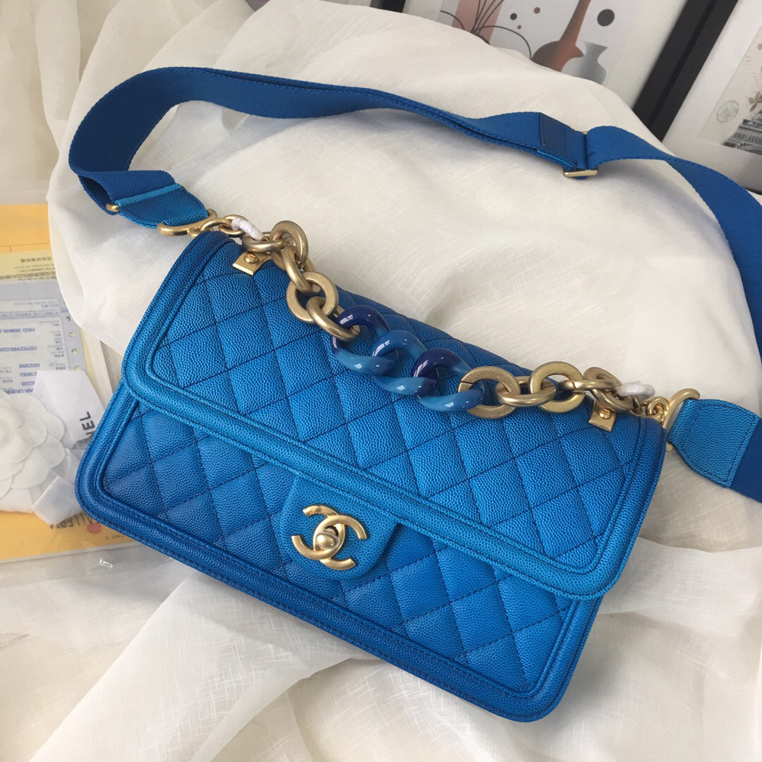 Ch**el Original Large Cowskin Flap Bag with Blue 26cm