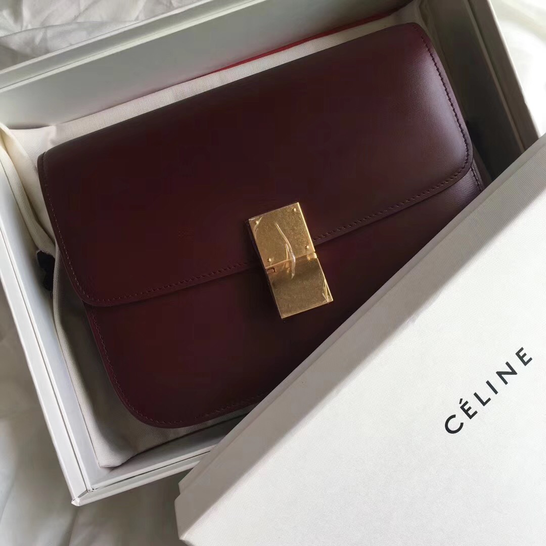 Ce1i*e Classic Wine Red Bag in Box Calfskin Smooth Leather
