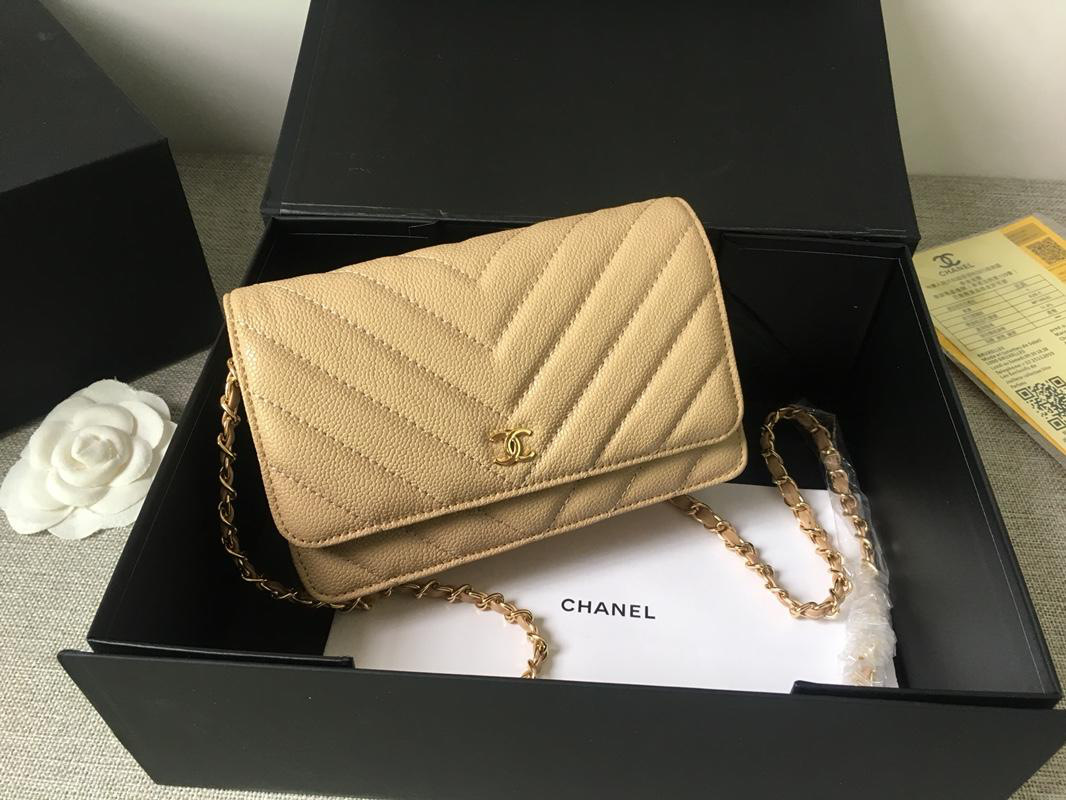 Ch**el Flap Bag Calfskin Leather Apricot with Gold Hardware