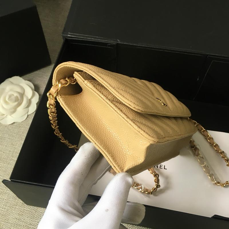 Ch**el Flap Bag Calfskin Leather Apricot with Gold Hardware