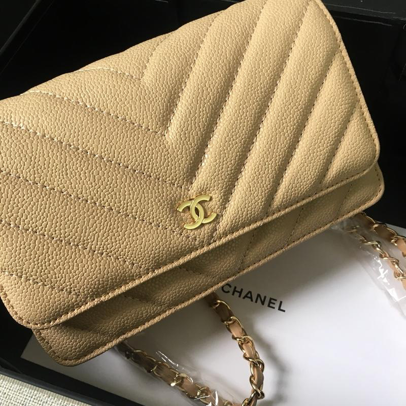 Ch**el Flap Bag Calfskin Leather Apricot with Gold Hardware