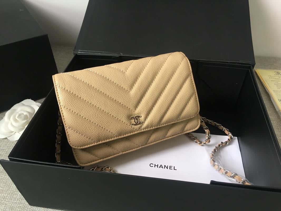 Ch**el Flap Bag Calfskin Leather Apricot with Silver Hardware