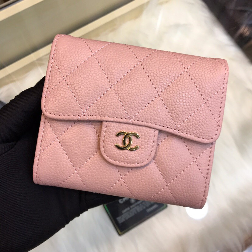 Ch**el Calfskin Leather Plain Folding Pink Wallets with Gold Hardware