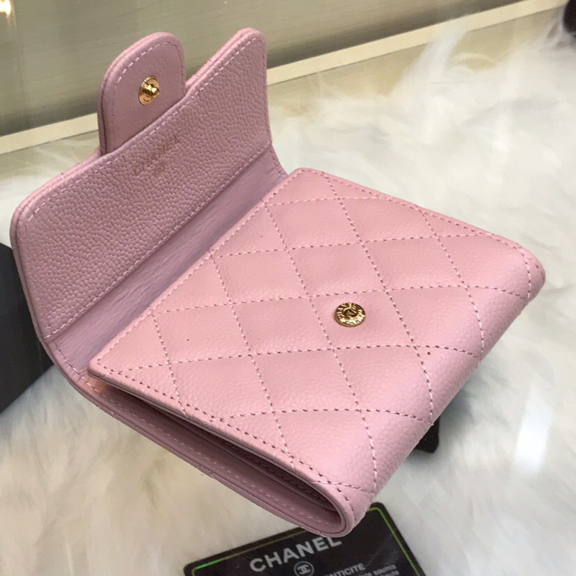 Ch**el Calfskin Leather Plain Folding Pink Wallets with Gold Hardware