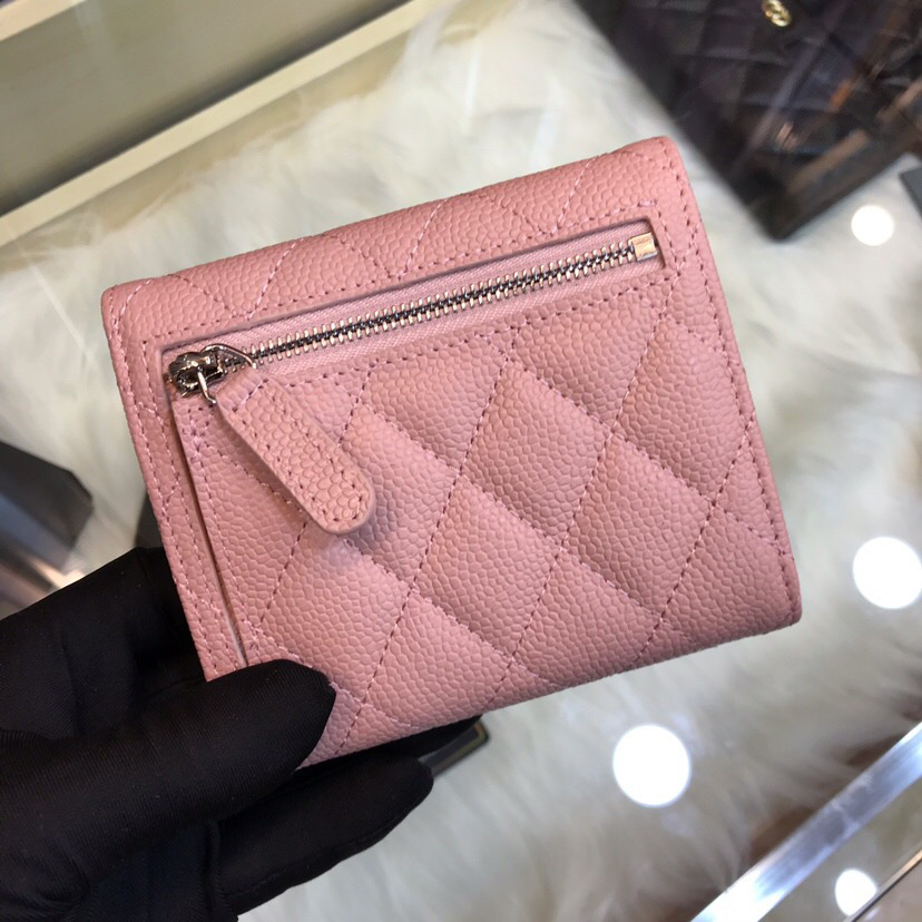 Ch**el Calfskin Leather Plain Folding Pink Wallets with Silver Hardware