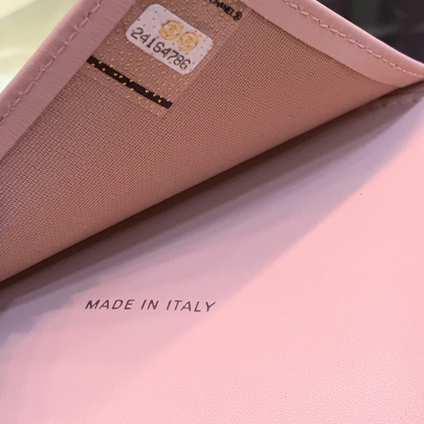 Ch**el Calfskin Leather Plain Folding Pink Wallets with Silver Hardware