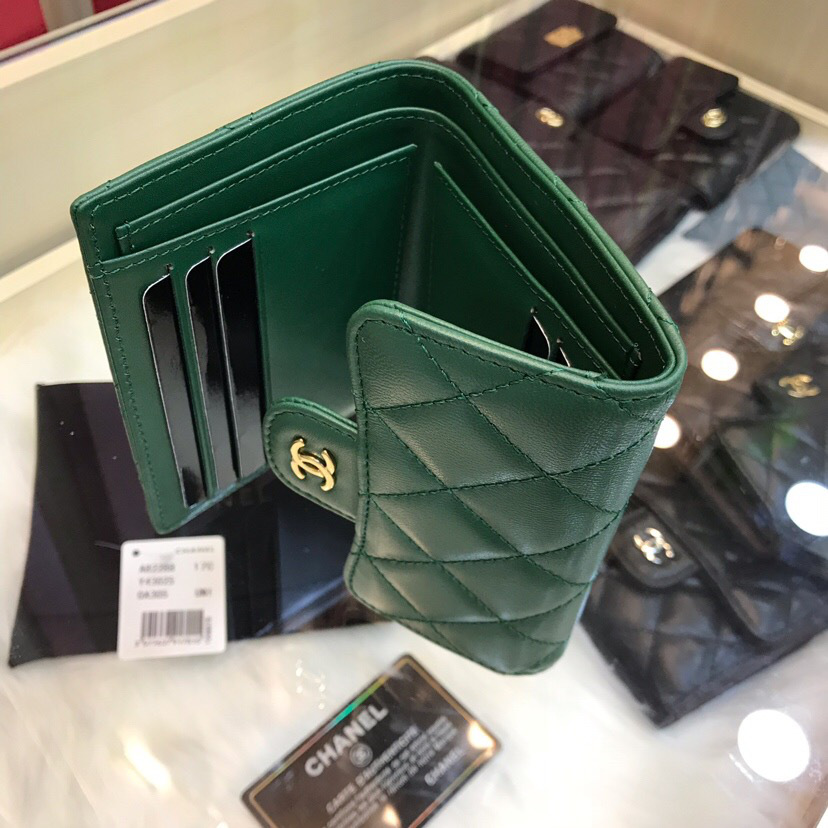 Ch**el Calfskin Leather Plain Folding Green Wallets