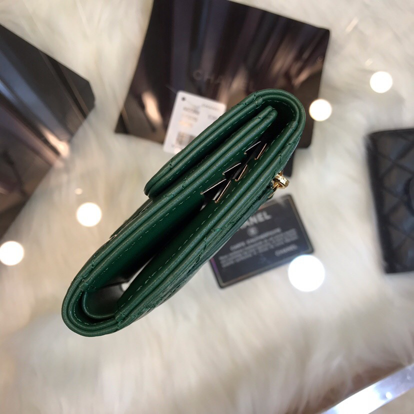 Ch**el Calfskin Leather Plain Folding Green Wallets