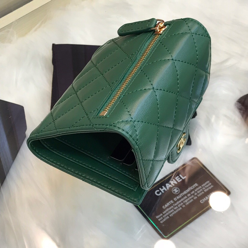 Ch**el Calfskin Leather Plain Folding Green Wallets